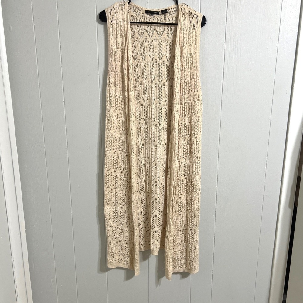 Jeanne‎ Pierre Longline Vest Womens M Cream Crochet Pointelle Knit Open Front